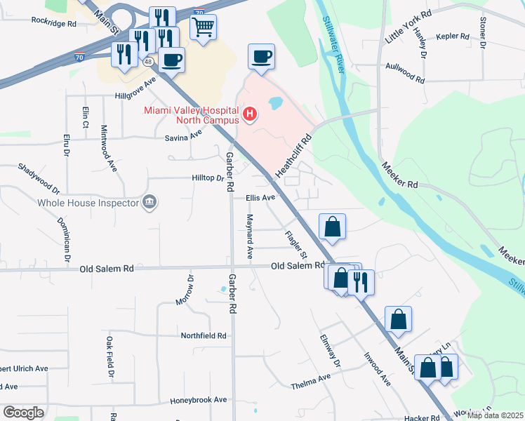 map of restaurants, bars, coffee shops, grocery stores, and more near 8793 Flagler Street in Dayton