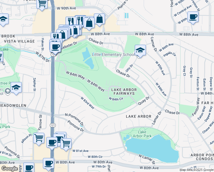 map of restaurants, bars, coffee shops, grocery stores, and more near 6875 West 84th Way in Arvada