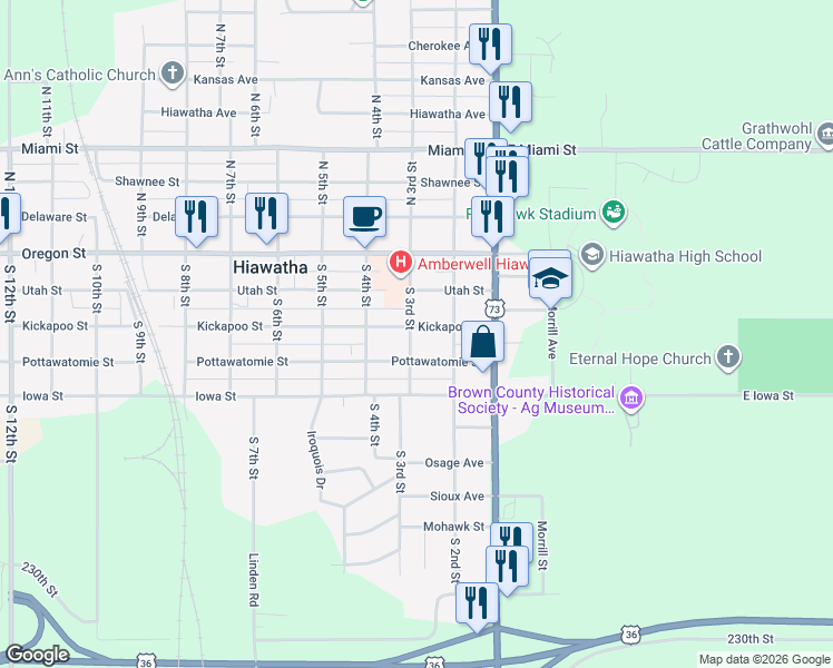 map of restaurants, bars, coffee shops, grocery stores, and more near 304 South 3rd Street in Hiawatha