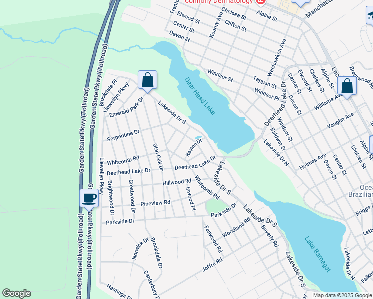 map of restaurants, bars, coffee shops, grocery stores, and more near 1809 Ravine Drive in Lacey Township