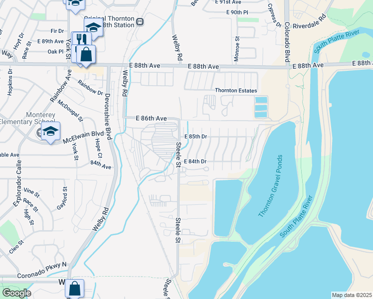 map of restaurants, bars, coffee shops, grocery stores, and more near 8461 Adams Way in Thornton