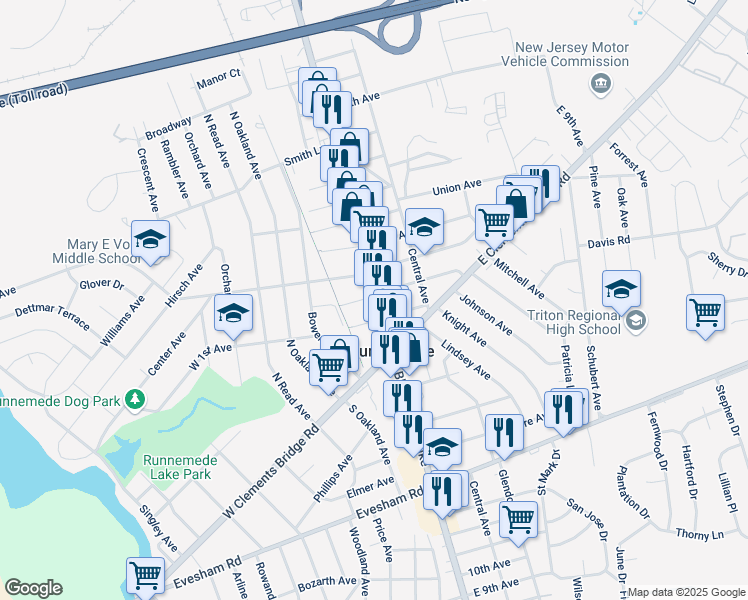 map of restaurants, bars, coffee shops, grocery stores, and more near 123 North Black Horse Pike in Runnemede