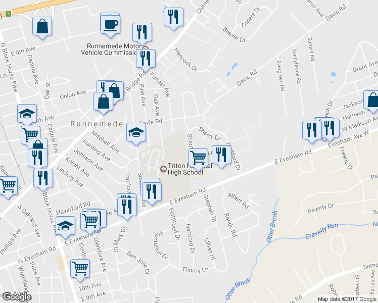 map of restaurants, bars, coffee shops, grocery stores, and more near 582 Sherrington Lane in Runnemede