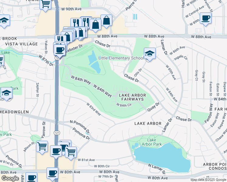 map of restaurants, bars, coffee shops, grocery stores, and more near 6875 West 84th Way in Arvada