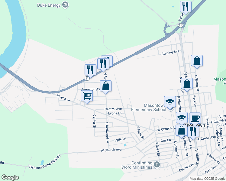 map of restaurants, bars, coffee shops, grocery stores, and more near 121 Sangston Avenue in Masontown