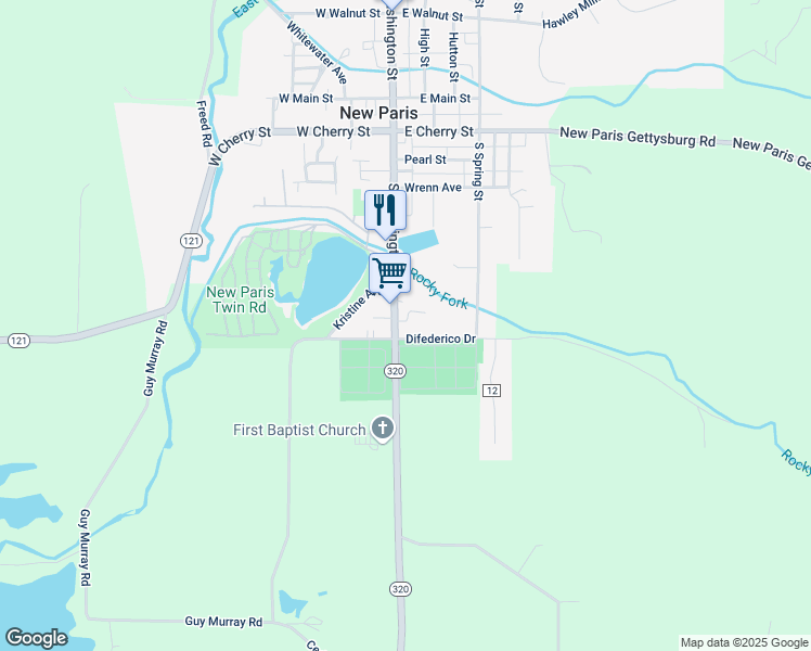 map of restaurants, bars, coffee shops, grocery stores, and more near 615 South Washington Street in New Paris