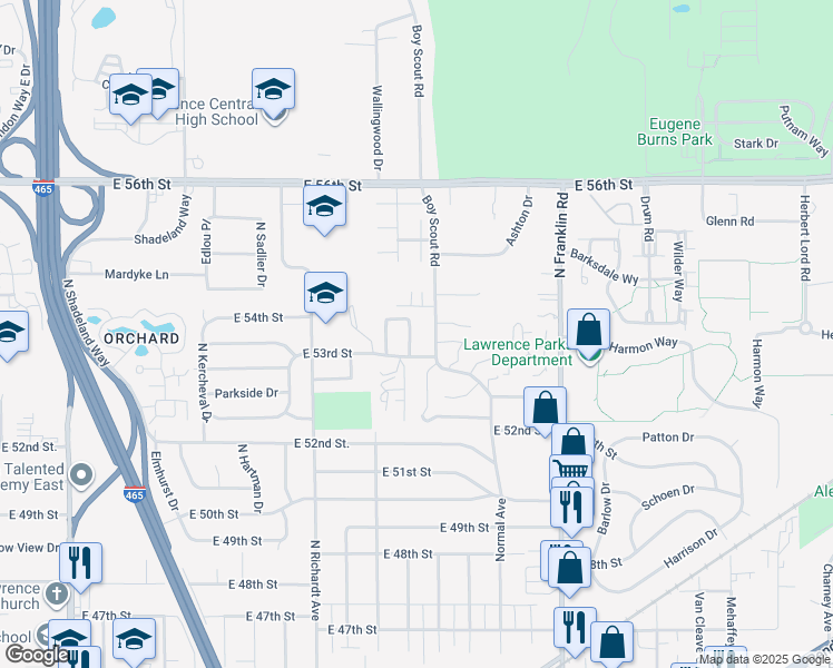 map of restaurants, bars, coffee shops, grocery stores, and more near 5315 East Hill Drive in Lawrence