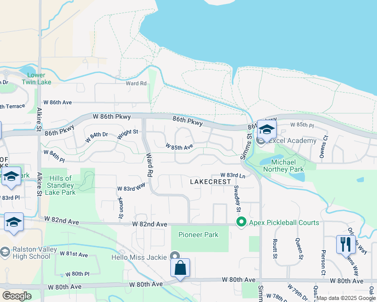 map of restaurants, bars, coffee shops, grocery stores, and more near 12034 West 85th Avenue in Arvada