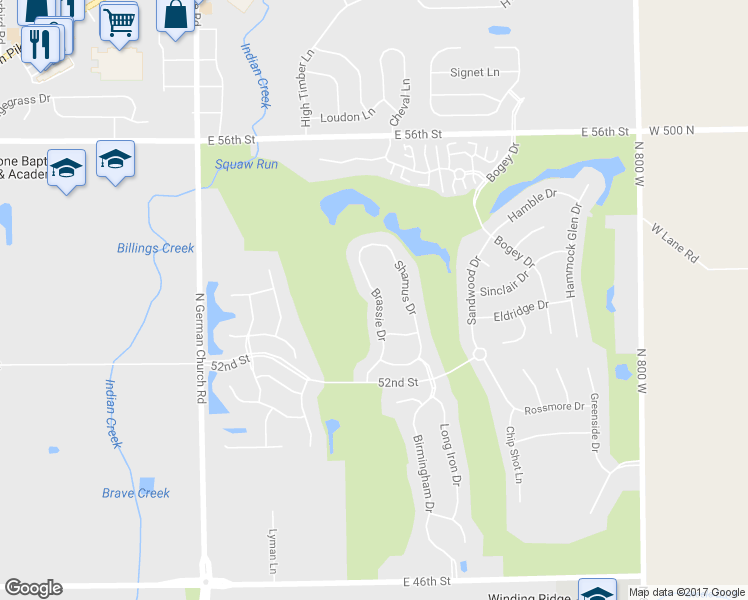 map of restaurants, bars, coffee shops, grocery stores, and more near 5332 Brassie Dr in Indianapolis