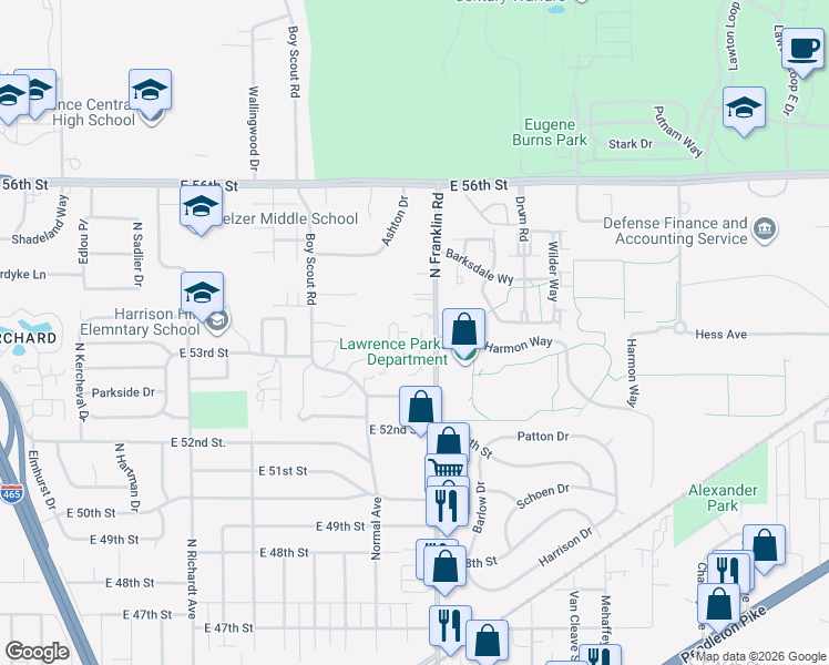 map of restaurants, bars, coffee shops, grocery stores, and more near 7914 Benjamin Drive in Lawrence