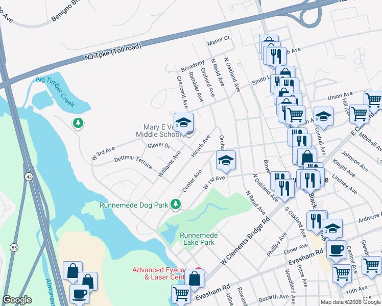 map of restaurants, bars, coffee shops, grocery stores, and more near 501 Hirsch Avenue in Runnemede