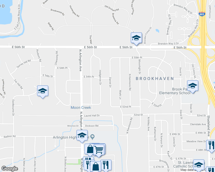 map of restaurants, bars, coffee shops, grocery stores, and more near 5336 Daniel Drive in Indianapolis