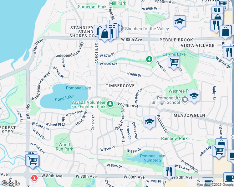 map of restaurants, bars, coffee shops, grocery stores, and more near 8420 Everett Way in Arvada