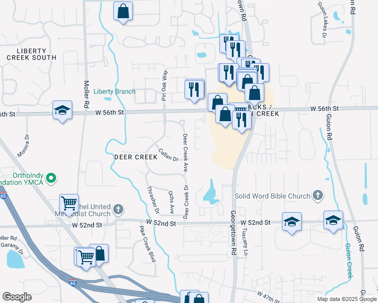 map of restaurants, bars, coffee shops, grocery stores, and more near 5439 Deer Creek Avenue in Indianapolis