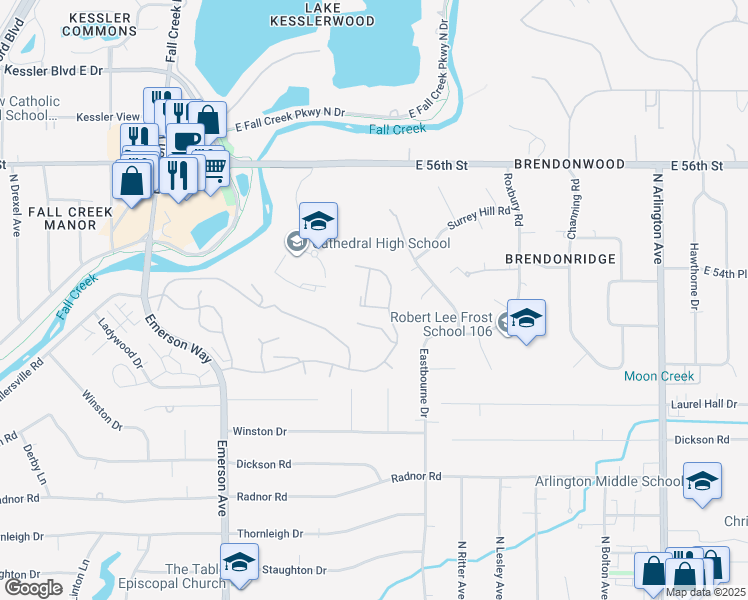 map of restaurants, bars, coffee shops, grocery stores, and more near 5321 Whitemarsh Lane in Indianapolis