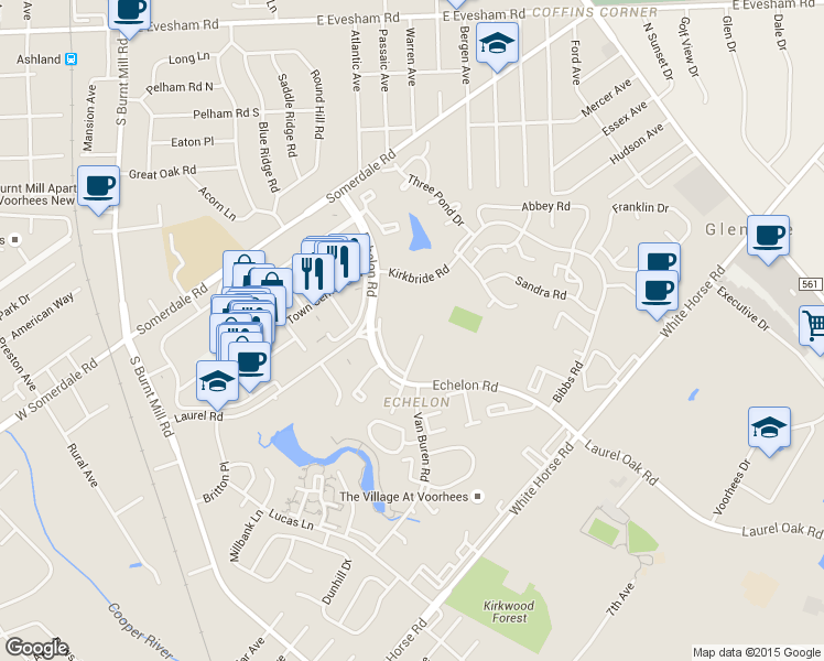 map of restaurants, bars, coffee shops, grocery stores, and more near 225 Echelon Road in Voorhees Township