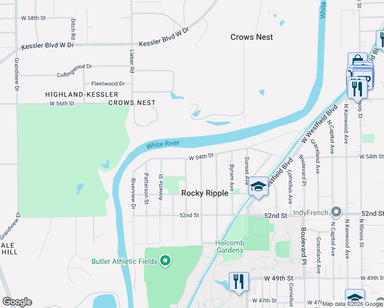 map of restaurants, bars, coffee shops, grocery stores, and more near 740 West 54th Street in Indianapolis