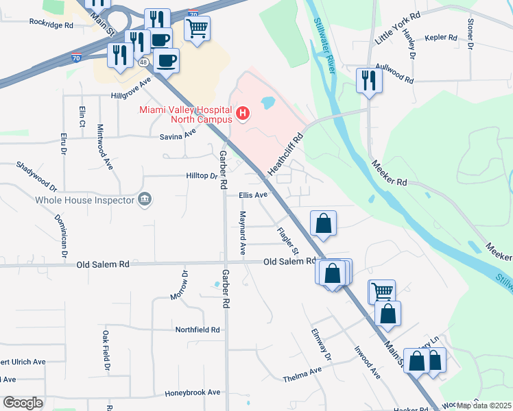map of restaurants, bars, coffee shops, grocery stores, and more near 8793 Flagler Street in Dayton