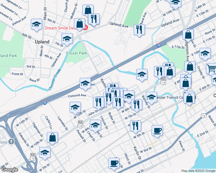 map of restaurants, bars, coffee shops, grocery stores, and more near 1101 Kerlin Street in Chester