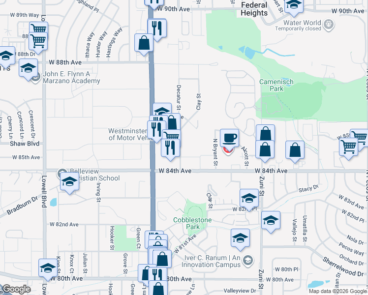 map of restaurants, bars, coffee shops, grocery stores, and more near 8460 Decatur Street in Westminster