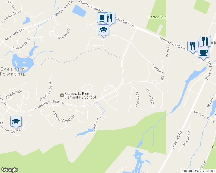 map of restaurants, bars, coffee shops, grocery stores, and more near 78 Eldon Way in Evesham
