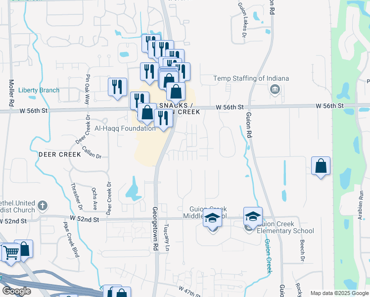 map of restaurants, bars, coffee shops, grocery stores, and more near 5462 kelvington Lane in Indianapolis