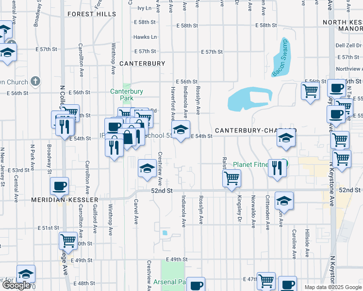 map of restaurants, bars, coffee shops, grocery stores, and more near 1349 East 54th Street in Indianapolis