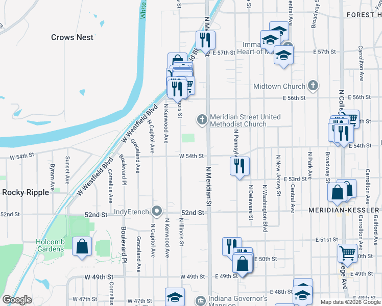 map of restaurants, bars, coffee shops, grocery stores, and more near 22 West 54th Street in Indianapolis
