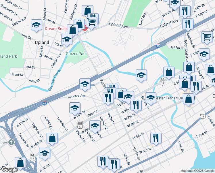 map of restaurants, bars, coffee shops, grocery stores, and more near 1101 Kerlin Street in Chester