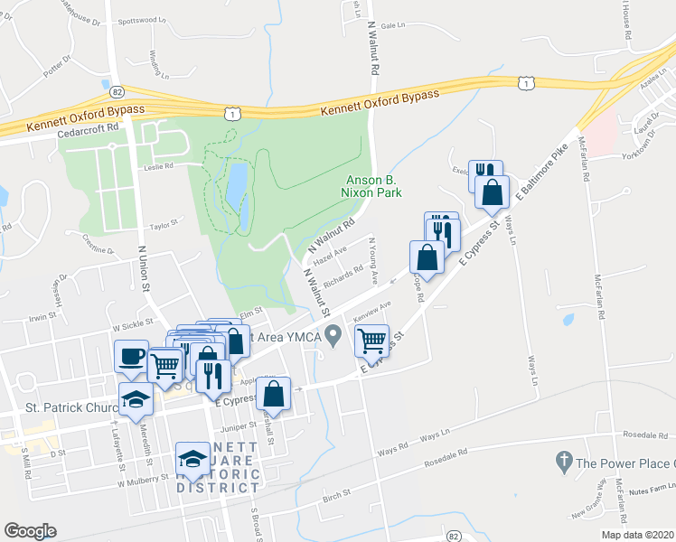 map of restaurants, bars, coffee shops, grocery stores, and more near 525 Richards Road in Kennett Square