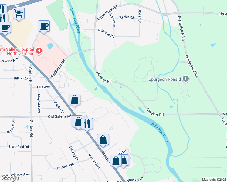 map of restaurants, bars, coffee shops, grocery stores, and more near 7159 Westfall Drive in Dayton