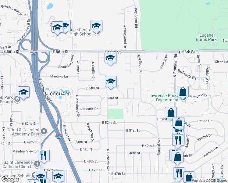map of restaurants, bars, coffee shops, grocery stores, and more near 7510 East 53rd Street in Indianapolis