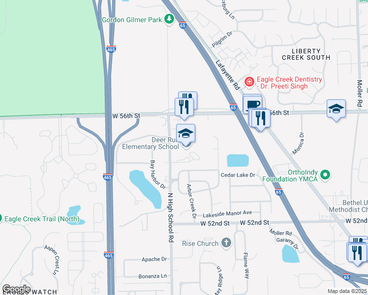 map of restaurants, bars, coffee shops, grocery stores, and more near 5401 North High School Road in Indianapolis