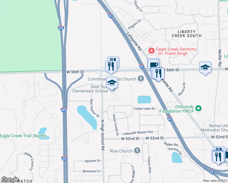 map of restaurants, bars, coffee shops, grocery stores, and more near 5401 North High School Road in Indianapolis