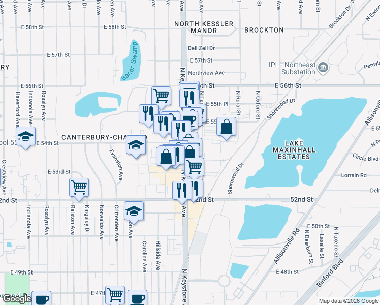 map of restaurants, bars, coffee shops, grocery stores, and more near 5351 North Keystone Avenue in Indianapolis