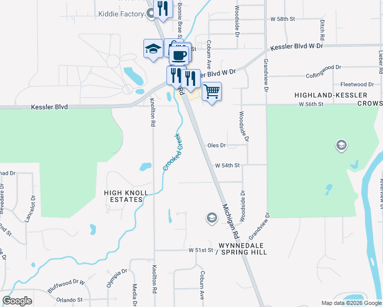 map of restaurants, bars, coffee shops, grocery stores, and more near 5480 Michigan Road in Indianapolis