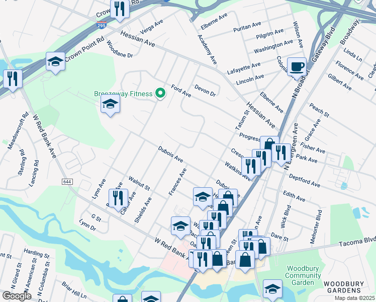 map of restaurants, bars, coffee shops, grocery stores, and more near 350 Lawnton Avenue in Woodbury