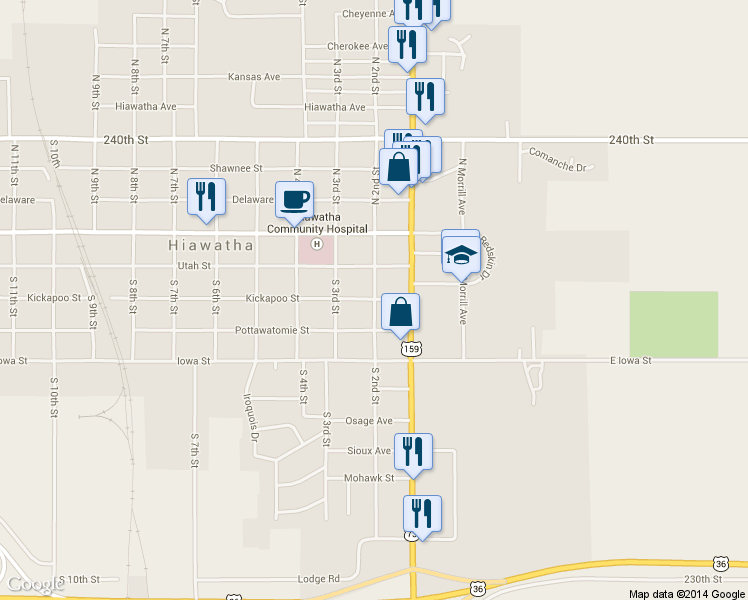 map of restaurants, bars, coffee shops, grocery stores, and more near 201 Kickapoo Street in Hiawatha