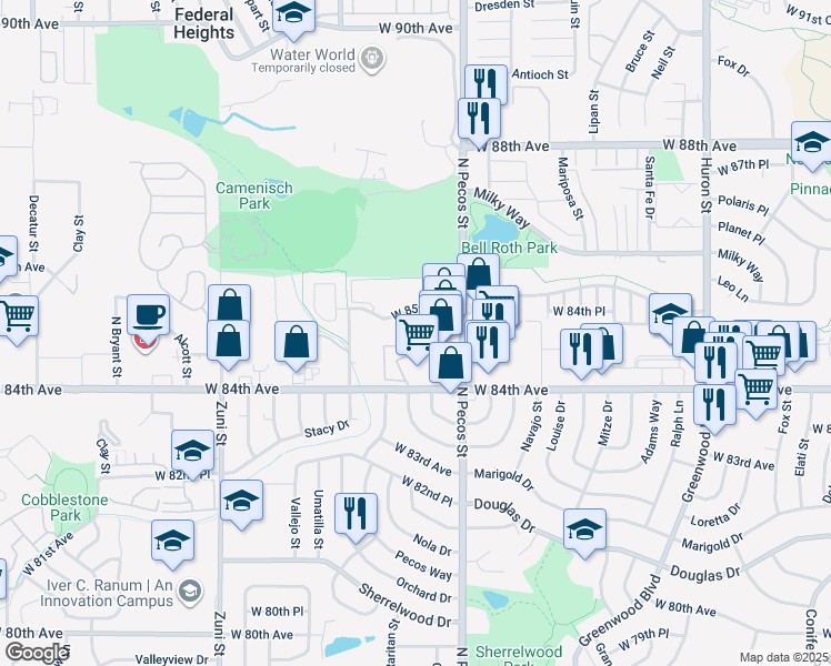map of restaurants, bars, coffee shops, grocery stores, and more near 1722 Aspen Meadows Circle in Federal Heights