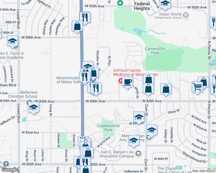 map of restaurants, bars, coffee shops, grocery stores, and more near 8450 Decatur Street in Westminster