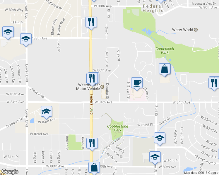 map of restaurants, bars, coffee shops, grocery stores, and more near 8460 Decatur Street in Westminster
