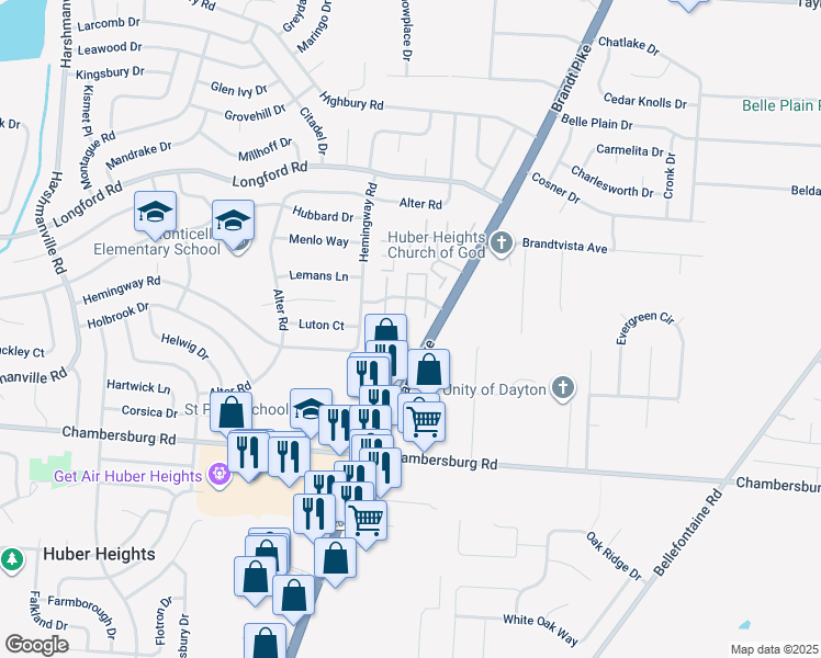 map of restaurants, bars, coffee shops, grocery stores, and more near 6747 Brandt Pike in Huber Heights