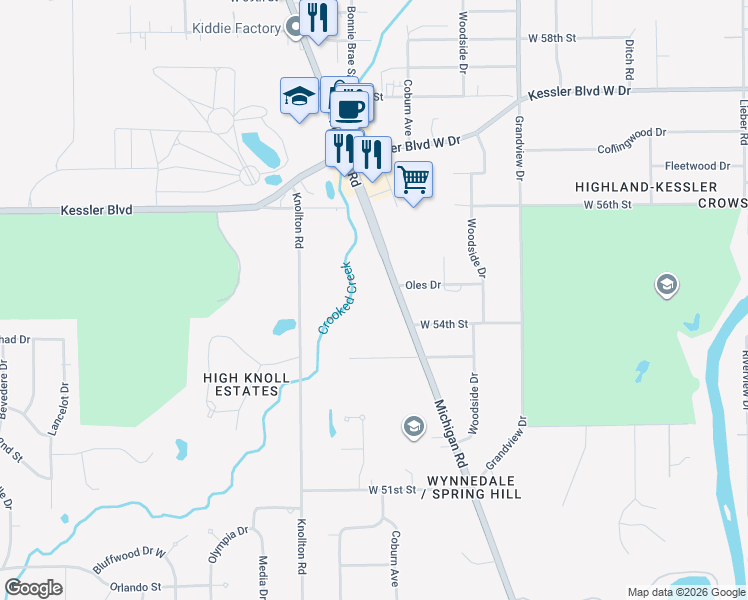 map of restaurants, bars, coffee shops, grocery stores, and more near 5480 Michigan Road in Indianapolis