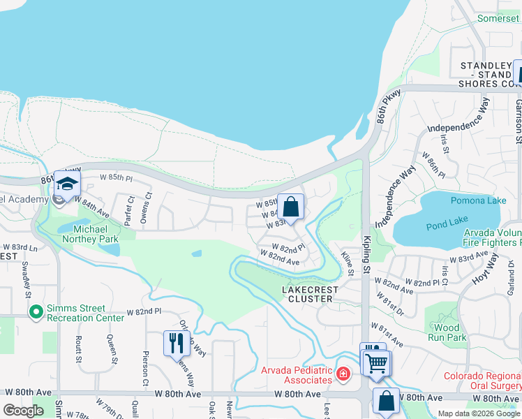 map of restaurants, bars, coffee shops, grocery stores, and more near 10553 West 84th Place in Arvada