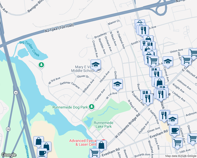 map of restaurants, bars, coffee shops, grocery stores, and more near 501 Hirsch Avenue in Runnemede