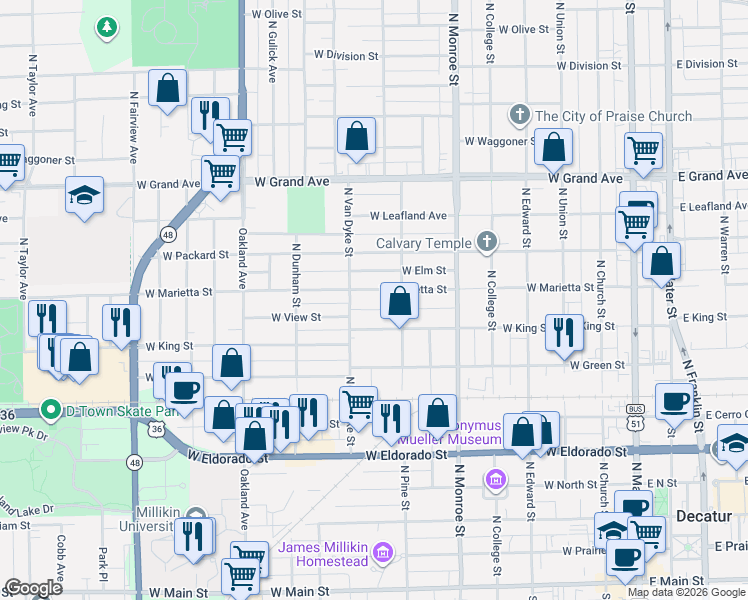 map of restaurants, bars, coffee shops, grocery stores, and more near 950-998 N Van Dyke St in Decatur