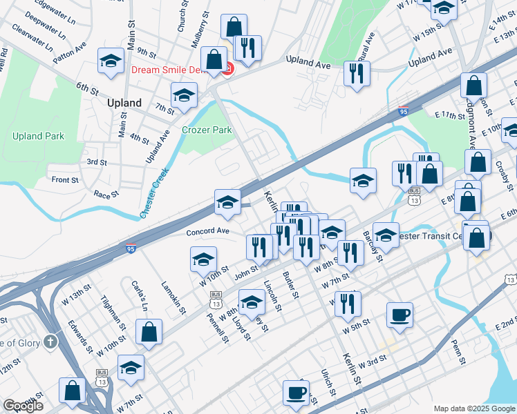 map of restaurants, bars, coffee shops, grocery stores, and more near 1125 Butler Street in Chester