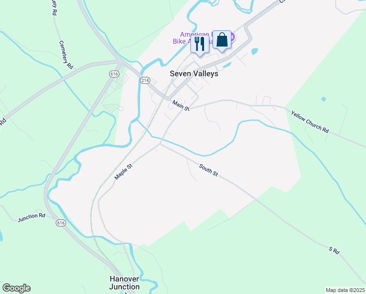 map of restaurants, bars, coffee shops, grocery stores, and more near 105 Seven Valleys Road in Seven Valleys