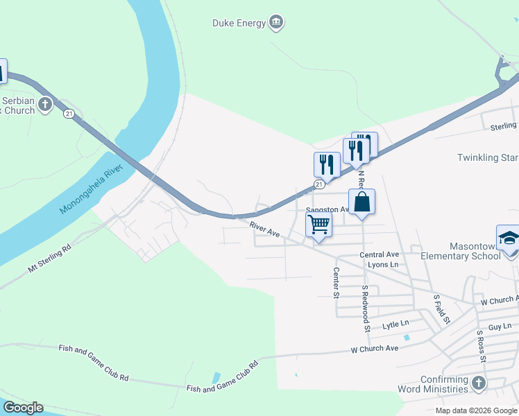 map of restaurants, bars, coffee shops, grocery stores, and more near 2240 McClellandtown Road in Masontown
