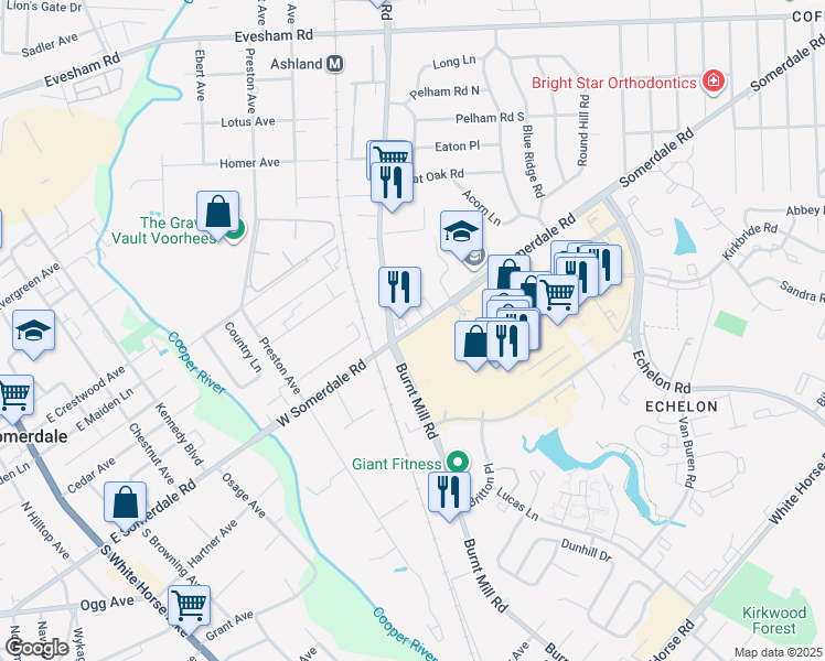 map of restaurants, bars, coffee shops, grocery stores, and more near 105 Somerdale Road in Voorhees Township